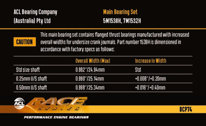 ACL BMW M20/M50/M52/M54 - 1919CC 80.0mm Bore 66.0mm Stroke .25 Oversized Main Bearing Set
