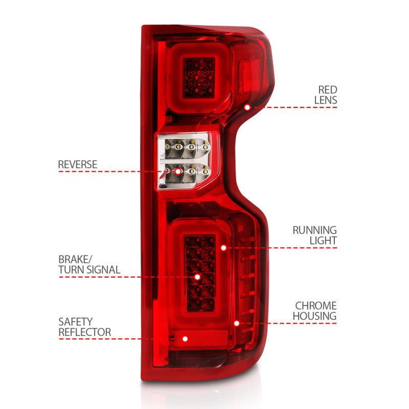 ANZO 2019-2026 Chevrolet Silverado 1500 LED Taillights - Chrome Red/Clear Lens w/ Sequential Signal (Factory Models)