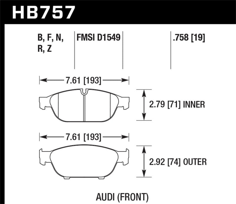 Hawk HB757B.758 Brake Pad (Audi 2013 A5 Quattro / 12-16 A6 Quattro/A7 Quattro/A8 Quattro HPS 5.0 Front)