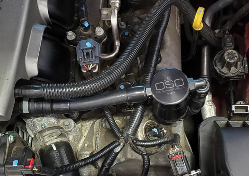 J&L 05-10 Ford Mustang GT Driver Side Oil Separator 3.0 V2 - Black Anodized - #3051D-B