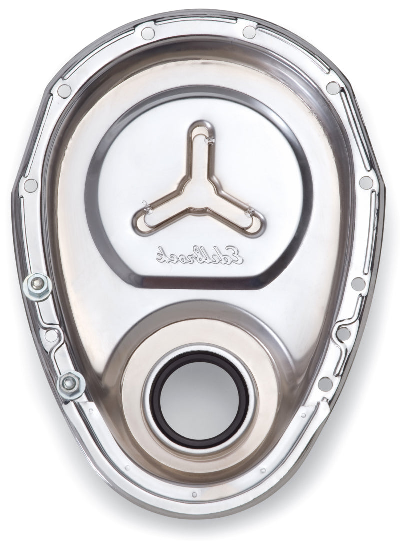 Edelbrock 4860 Timing Cover Small Block-Chevrolet Chrome with Welded Reinforcement Plate