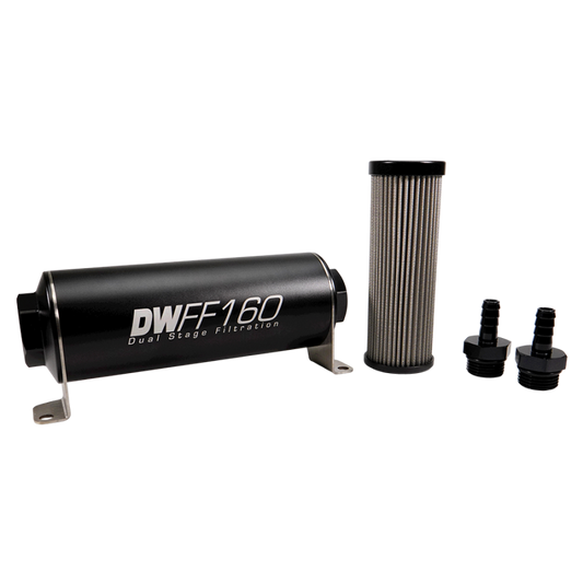 DeatschWerks Stainless Steel 3/8in 5 Micron Universal Inline Fuel Filter Housing Kit (160mm)