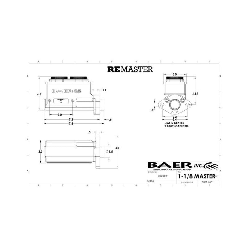 Baer Brakes GM/Ford 1-1/8in Bore Remaster 2-Bolt Right Port Master Cylinder Assembly - Polished
