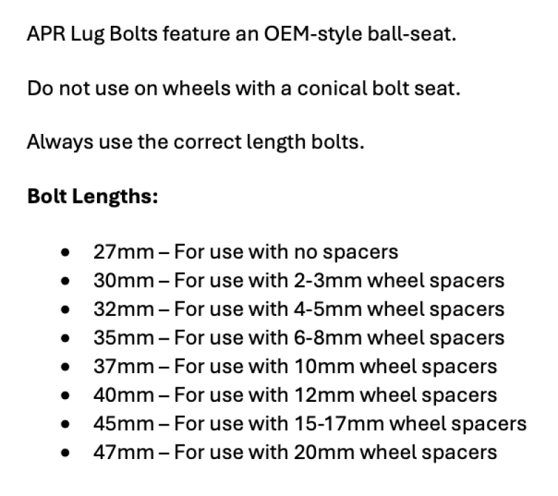 APR Lug Bolts - Use w/15-17mm Spacers - 45mm - Black (Set of 10)