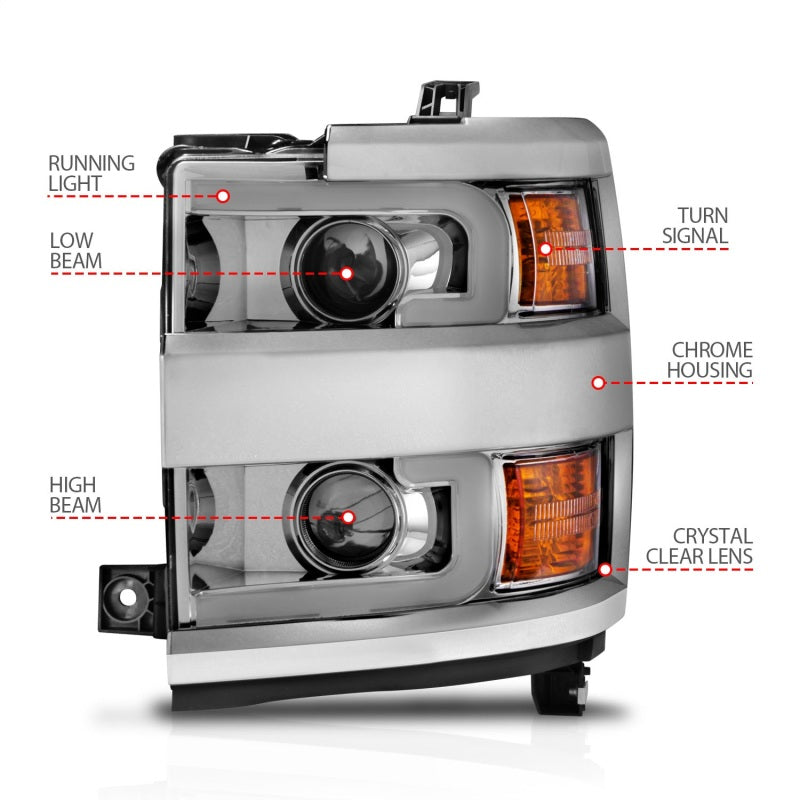 ANZO 2015-2019 Chevrolet Silverado 2500 HD LED Projector Headlights - Switchback Chrome (Chrome Trim) (Halogen Models Only)
