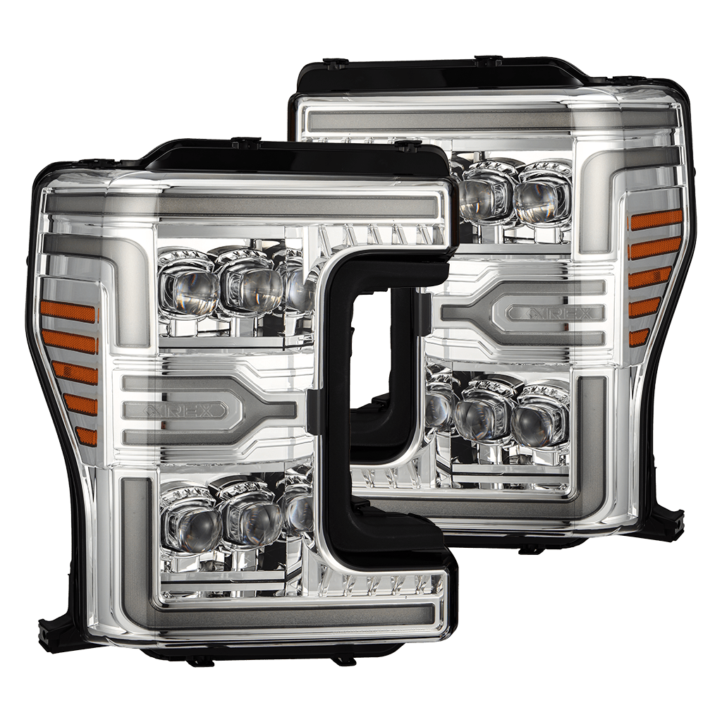 AlphaRex 880347 17-19 Ford F-250/350/450/550 Super Duty NOVA-Series LED Projector Headlights Chrome with Sequential Signal & Switchback DRL