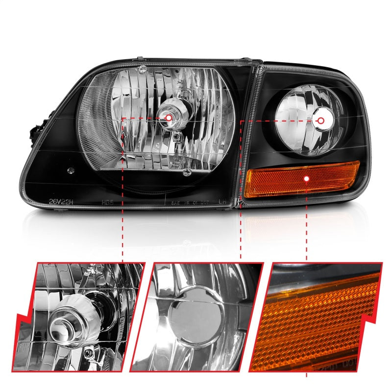 ANZO 1997-2003 Ford F-150 Crystal Headlights - Black w/ Parking