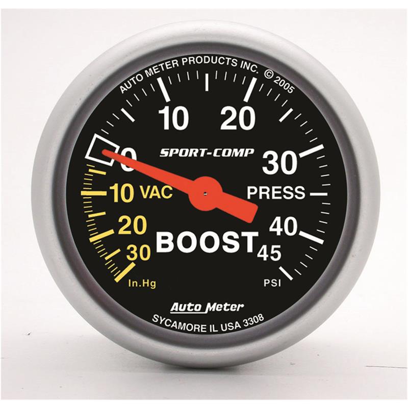 AutoMeter 3308 Sport-Comp 52mm 45 PSI Mechanical Boost Gauge