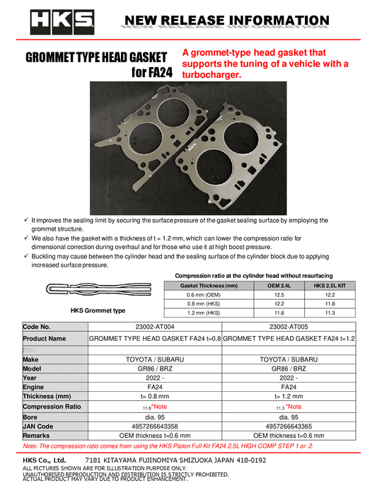 HKS Subaru FA24 1.2mm Thickness 11.3 CR Grommet Type Head Gasket