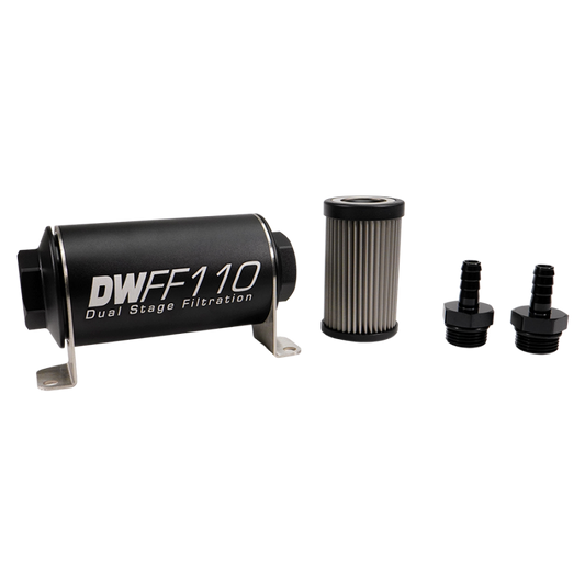DeatschWerks Stainless Steel 3/8in 100 Micron Universal Inline Fuel Filter Housing Kit (110mm)