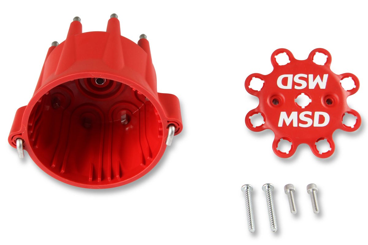 MSD 8433 Distributor Cap - V8 - HEI Terminals - Red - Spark Plug Wire Retainer