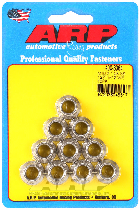 ARP 400-8364 M10 x 1.25 SS M12 Socket 12pt Nut Kit (10/pkg)