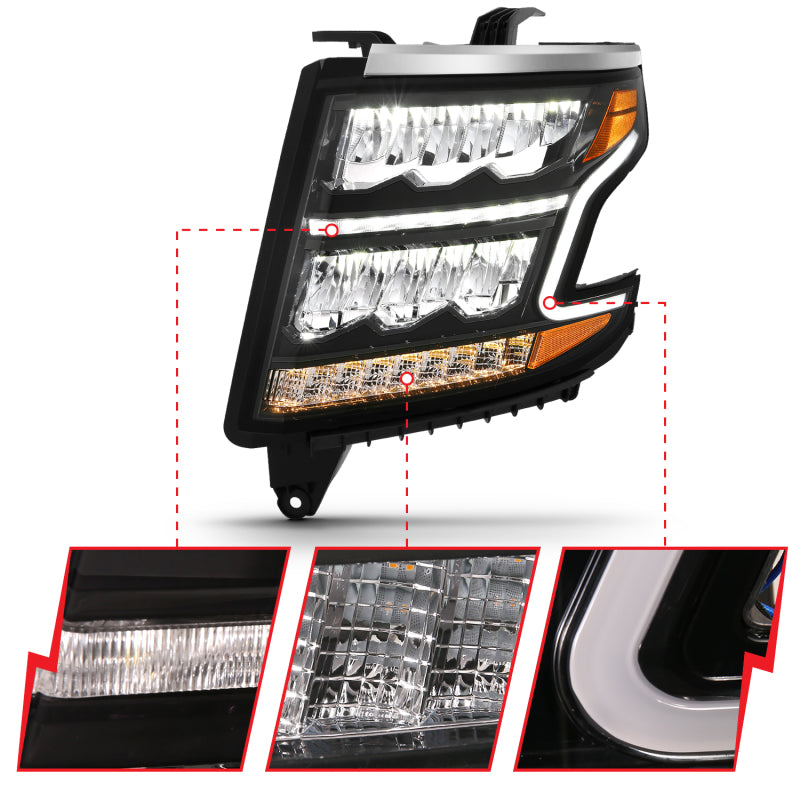 ANZO 2015-2020 Chevrolet Suburban LED Projector Headlights - Crystal Plank Style Black w/ Sequential Signal