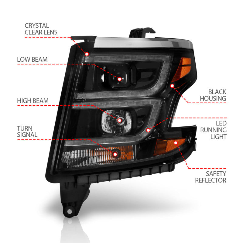 ANZO 2015-2020 Chevrolet Suburban LED Projector Headlights - C Bar Black w/ DRL