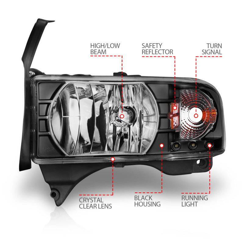 ANZO 1994-2002 Dodge Ram 2500 Crystal Headlights - LED Accent 1PC