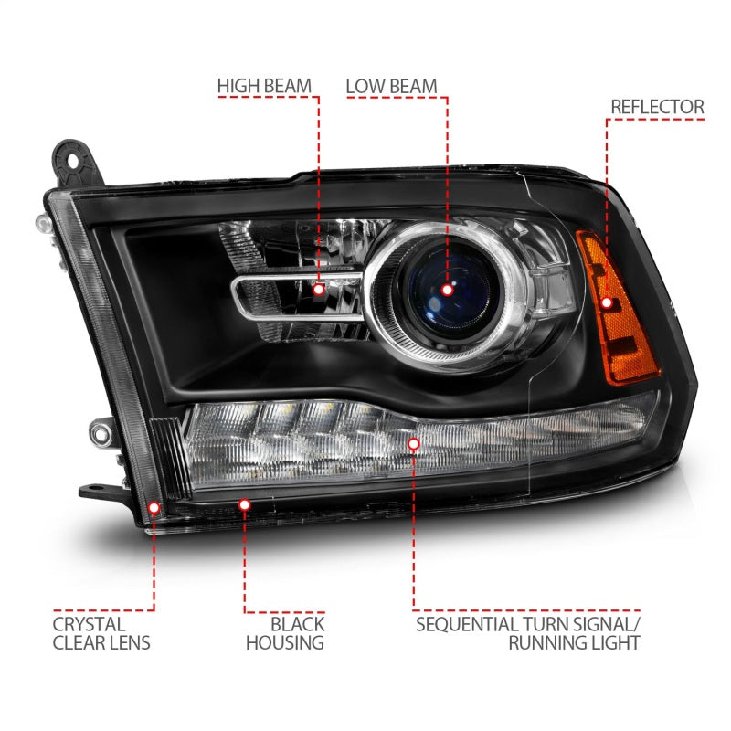 ANZO 2011-2018 RAM 1500 LED Projector Headlights - Matte Black Clear Lens w/ Sequential Signal (For All Models)