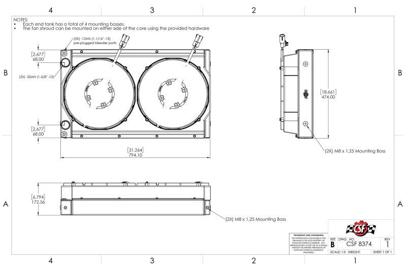 CSF 8374 Motorsport Radiator with Shroud - 14in SPAL Brushless Fans - Harnesses