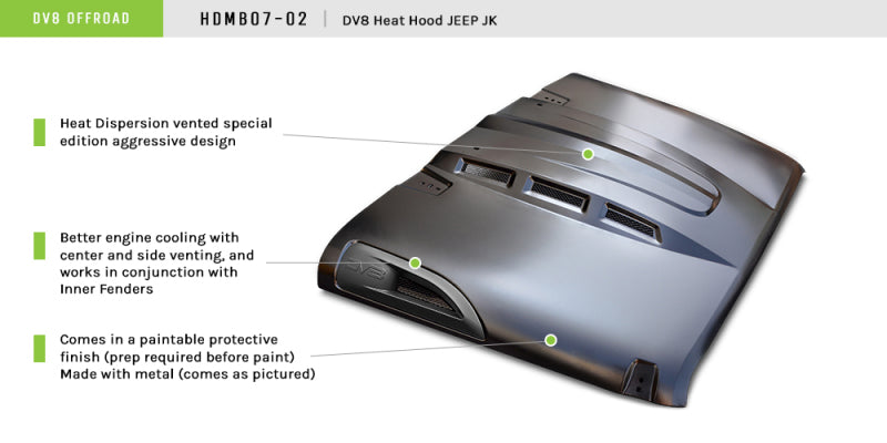 DV8 Offroad 07-18 Jeep Wrangler JK Metal Heat Dispersion Hood - Primer Black - #HDMB07-02
