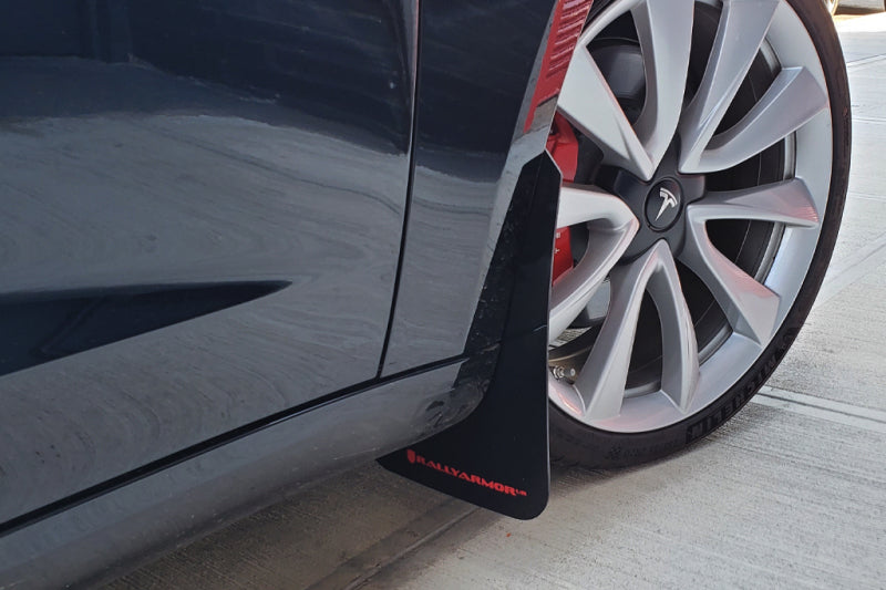 Rally Armor UR Mud Flaps - 2017-2023 Tesla 3 - Black/Red Logo - #MF62-UR-BLK/RD