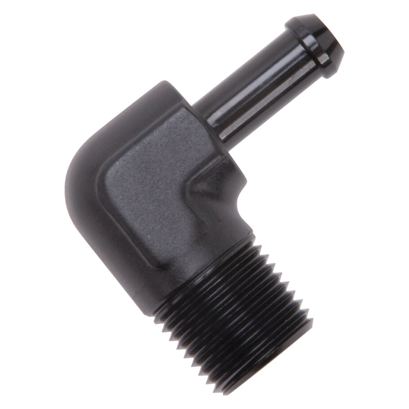 Edelbrock 8169 Hose End 90-Degree 1/2 in NPT to 3/8 in Barb Black Anodized