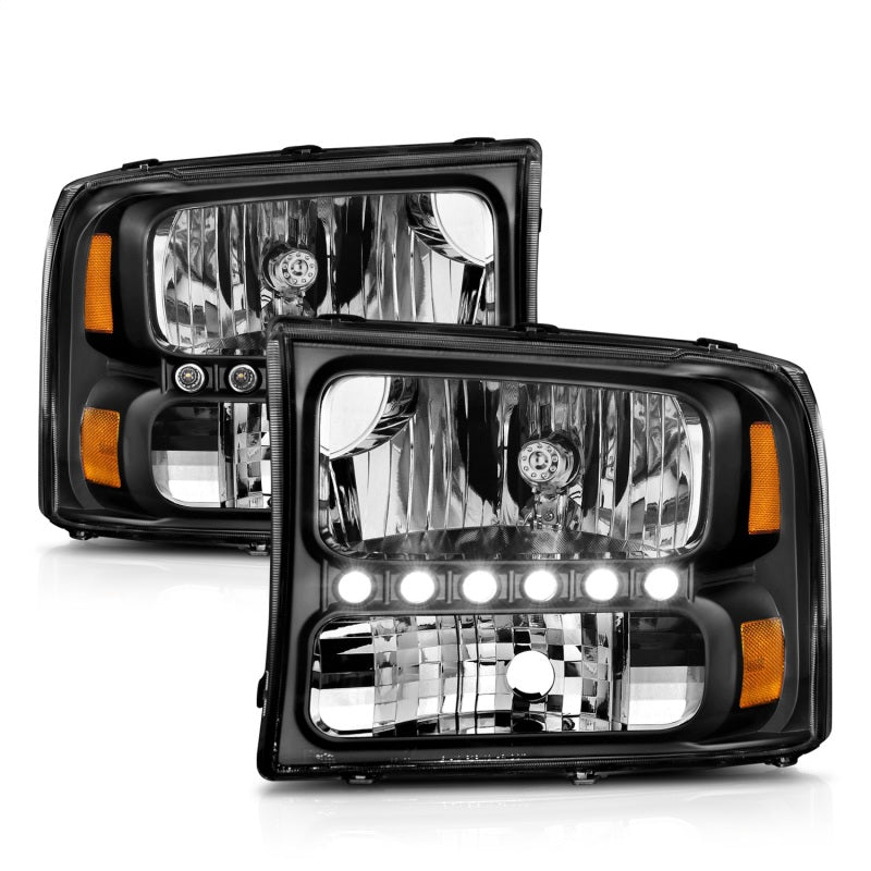ANZO 1999-2004 Ford F-250 Super Duty Crystal Headlights - Black 1PC w/ LED