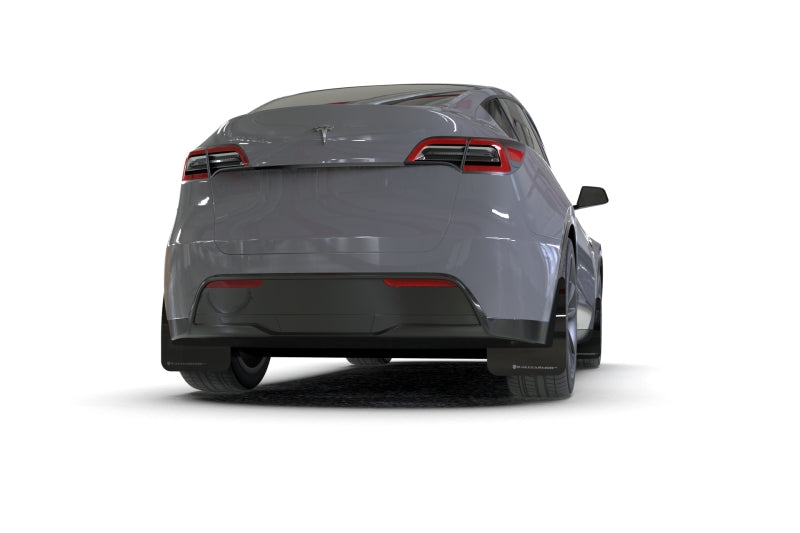 Rally Armor Mud Flaps - 2020-2026 Tesla Y - RAL UR Blk Flap/Met. Blk Logo - #MF72-UR-BLK/MBK