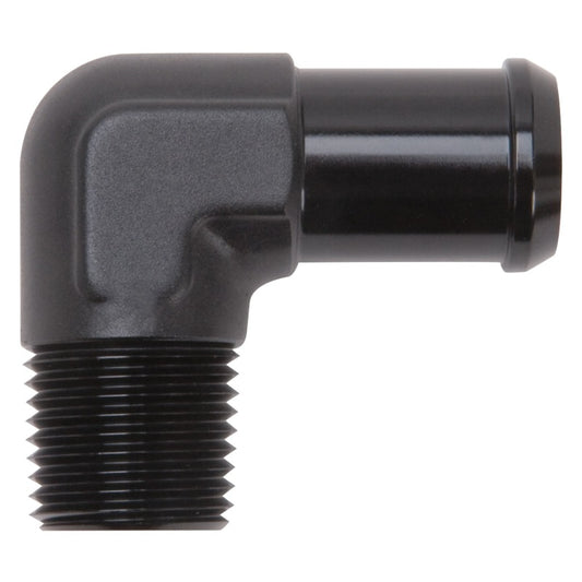 Edelbrock 8165 Hose End 90-Degree 1/2 in NPT to 3/4 in Barb Black Anodized