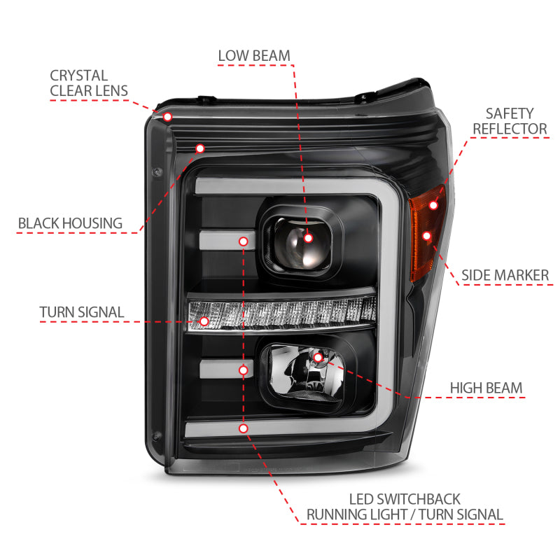 ANZO 2011-2016 Ford F-250 Super Duty LED Projector Headlights - Black