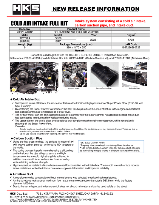 HKS Subaru ZN8/ZD8 Cold Air Intake Full Kit