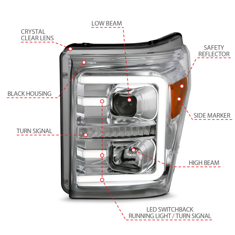 ANZO 2011-2016 Ford F-250 Super Duty LED Projector Headlights - Chrome