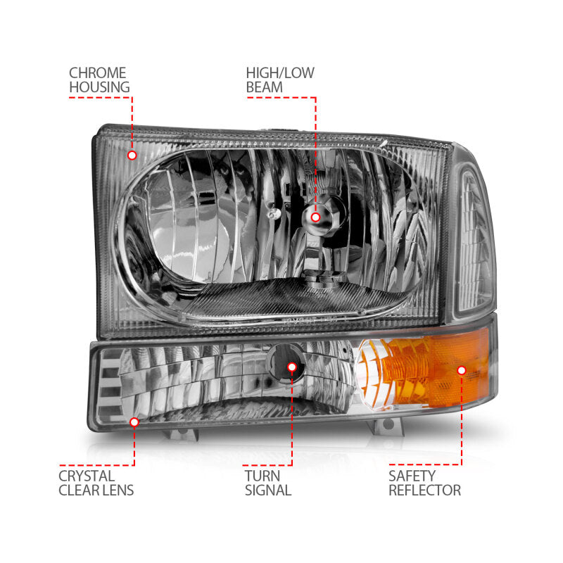 ANZO 1999-2004 Ford F-250 Super Duty Crystal Headlights - Chrome w/ Corner 2PC