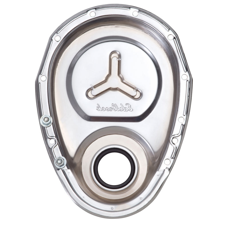 Edelbrock 4860 Timing Cover Small Block-Chevrolet Chrome with Welded Reinforcement Plate