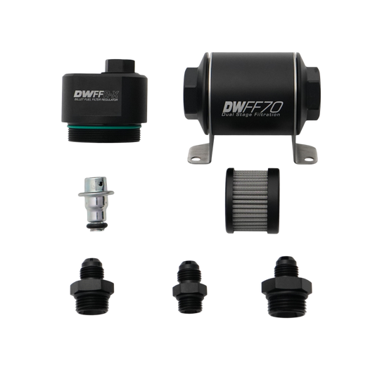 DeatschWerks DWFFR-X 70mm Billet Fuel Filter Regulator - 10 Micron with 6AN Fittings