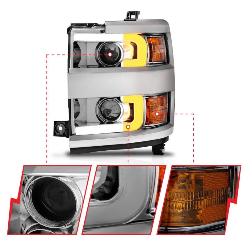 ANZO 2015-2019 Chevrolet Silverado 2500 HD LED Projector Headlights - Switchback Chrome (Chrome Trim) (Halogen Models Only)