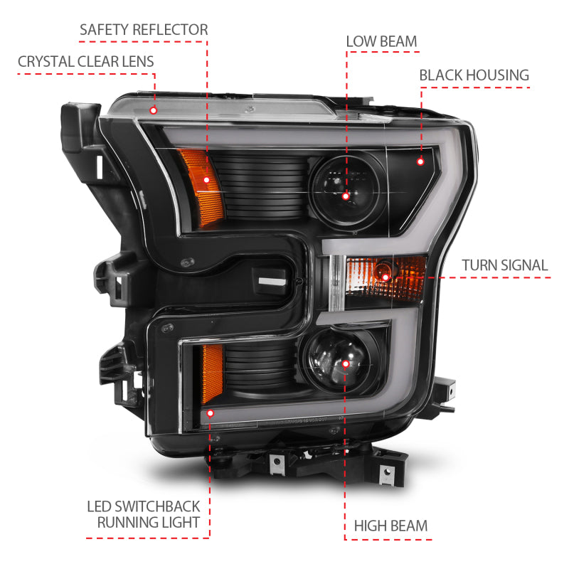 ANZO 2015-2017 Ford F-150 LED Projector Headlights - Switchback Black (For Halogen Models Only)