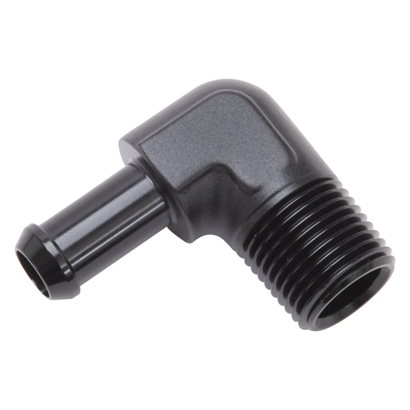 Edelbrock 8169 Hose End 90-Degree 1/2 in NPT to 3/8 in Barb Black Anodized
