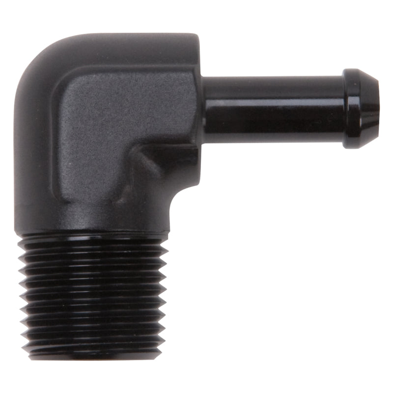 Edelbrock 8169 Hose End 90-Degree 1/2 in NPT to 3/8 in Barb Black Anodized