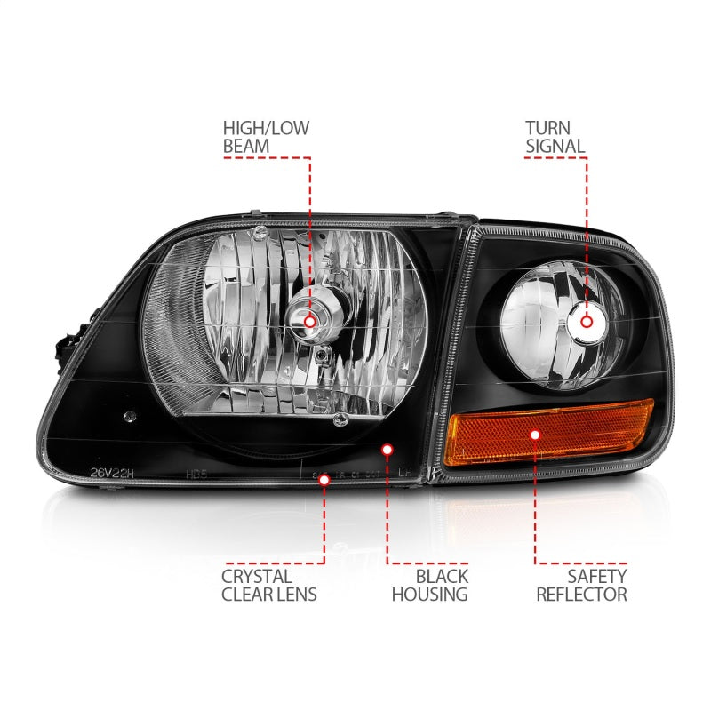 ANZO 1997-2003 Ford F-150 Crystal Headlights - Black w/ Parking