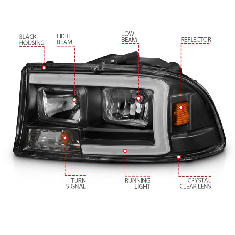 ANZO 1997-2004 Dodge Dakota Crystal Headlights - Plank Style Black
