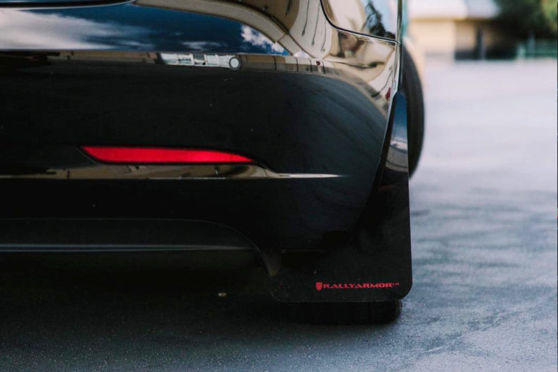 Rally Armor UR Mud Flaps - 2017-2023 Tesla 3 - Black/White Logo - #MF62-UR-BLK/WH