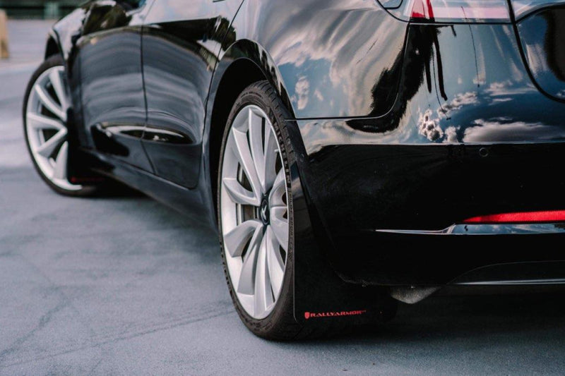 Rally Armor Mud Flaps - 2017-2023 Tesla 3 - RAL UR Blk Flap/Dark Grey Logo - #MF62-UR-BLK/DGRY