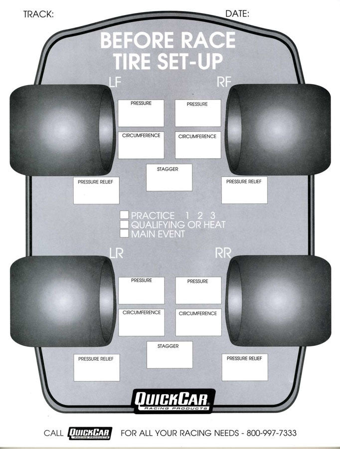 QuickCar Before Race Tire Set-Up Forms 50 Sheet