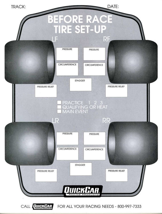 QuickCar Before Race Tire Set-Up Forms 50 Sheet