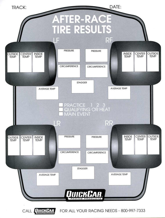 QuickCar After Race Tire Set-Up Forms 50 Sheet