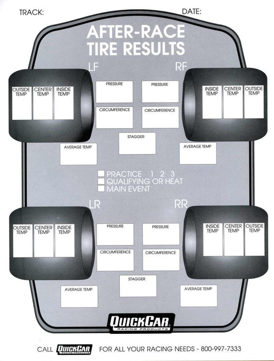 QuickCar After Race Tire Set-Up Forms 50 Sheet