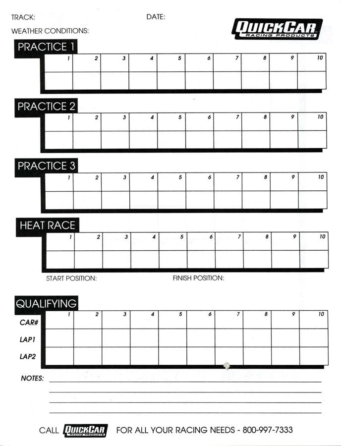 QuickCar Time Organizer Sheets 100 Lap (50pk)