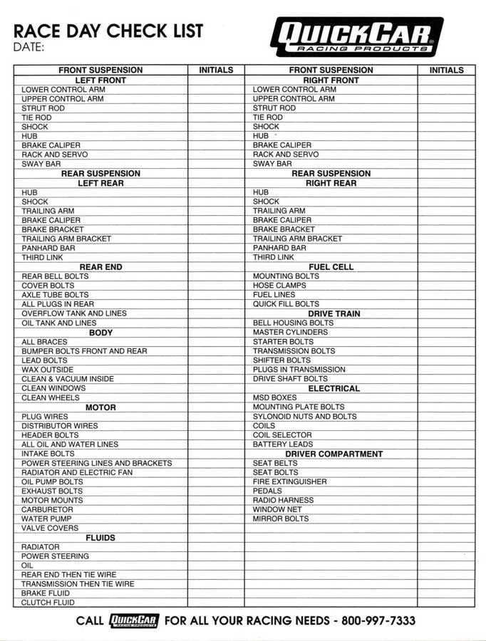 QuickCar Race Day Check-List 50 Sheet