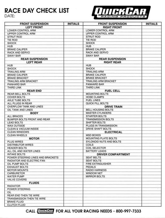 QuickCar Race Day Check-List 50 Sheet