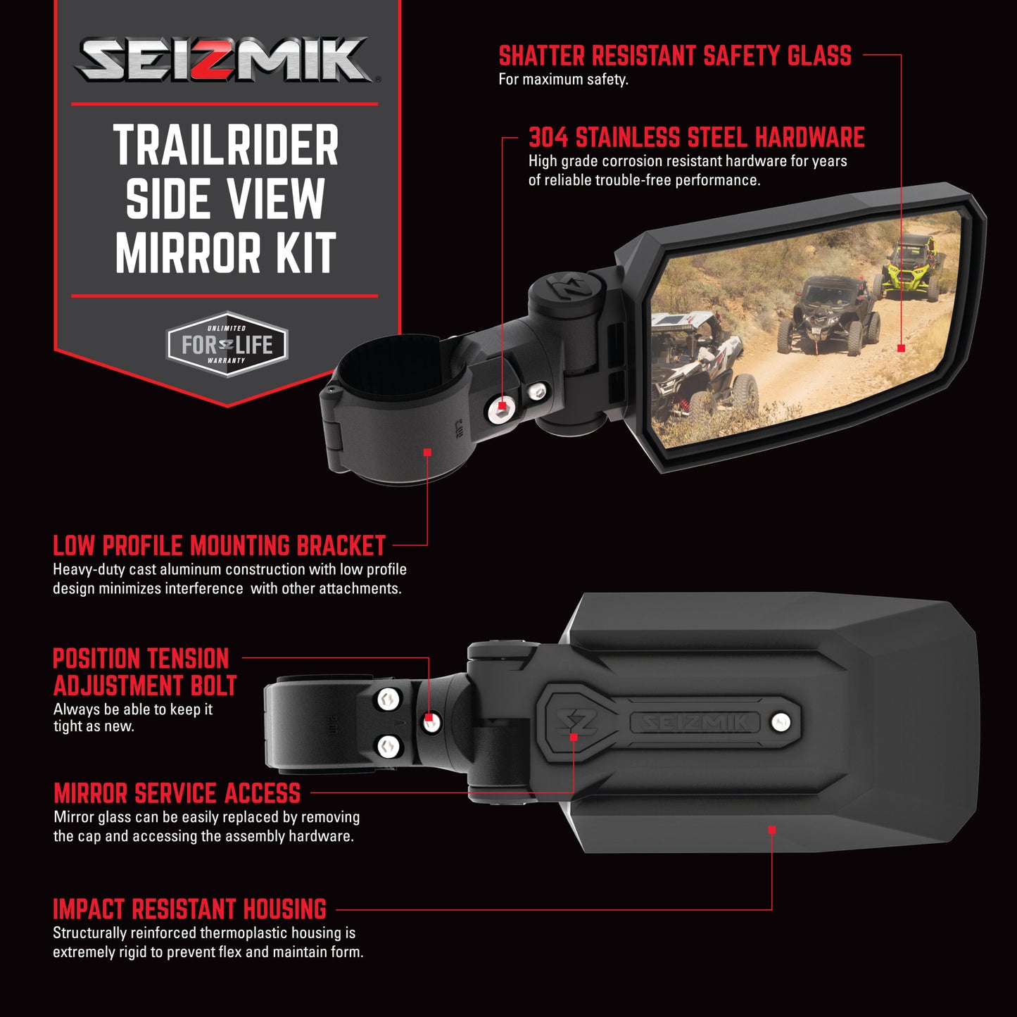 Seizmik 04+ A Cat/Hon/JD/Kaw/Pol/Suz/Yam Trailrider Sideview Mirror - 1.75 in. 56-90093kit