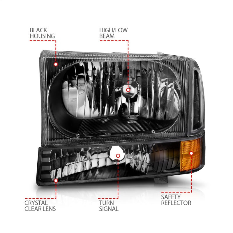 ANZO 1999-2004 Ford F-250 Super Duty Crystal Headlights - Black w/ 2PC Corner